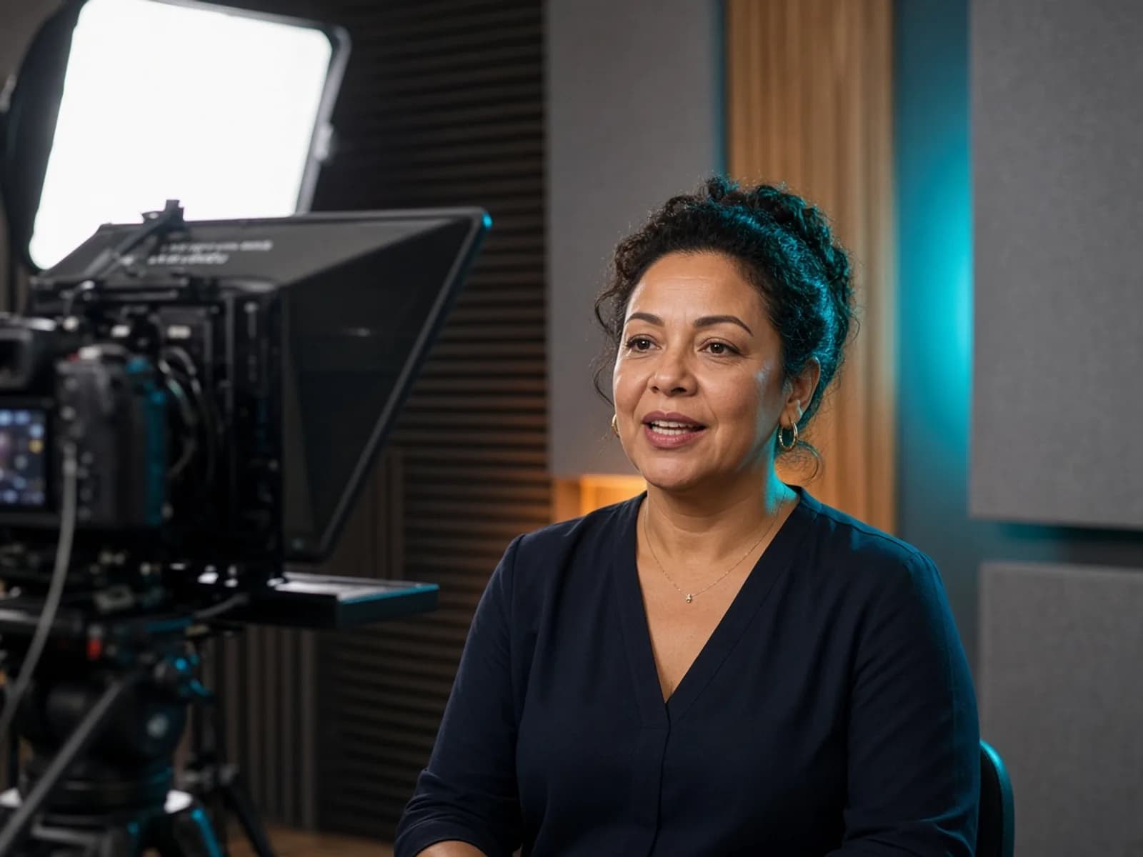 Professora gravando videoaula no estúdio da SISPE